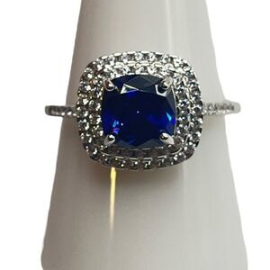 Cushion Cut Blue Purple Stone Ring Sz 10 Silver Tone Halo Women's Jewelry‎